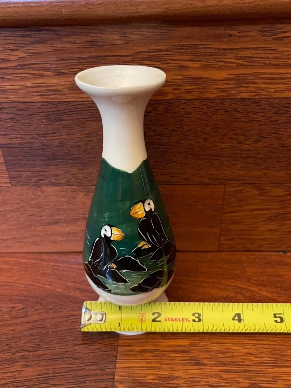 Mugs & Jugs Alaska Hand Painted Pottery Vase of Puffins Coastal Scene